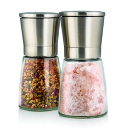 Elegante Salz und Pfeffermühle mit Ständer - 2-teiliges Gewürzmühlen Set aus schicken Edelstahl und hübschen Glasbehältern - einstellbares Keramikmahlwerk für Gewürze, Pfeffer, Salz und Chilli - Salzmühle -